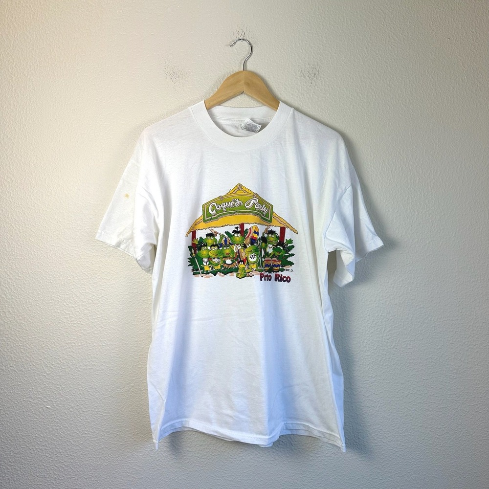 Vintage Y2K Puerto Rico Frog Coquis Party Funny T-Shirt Mens XL White Good